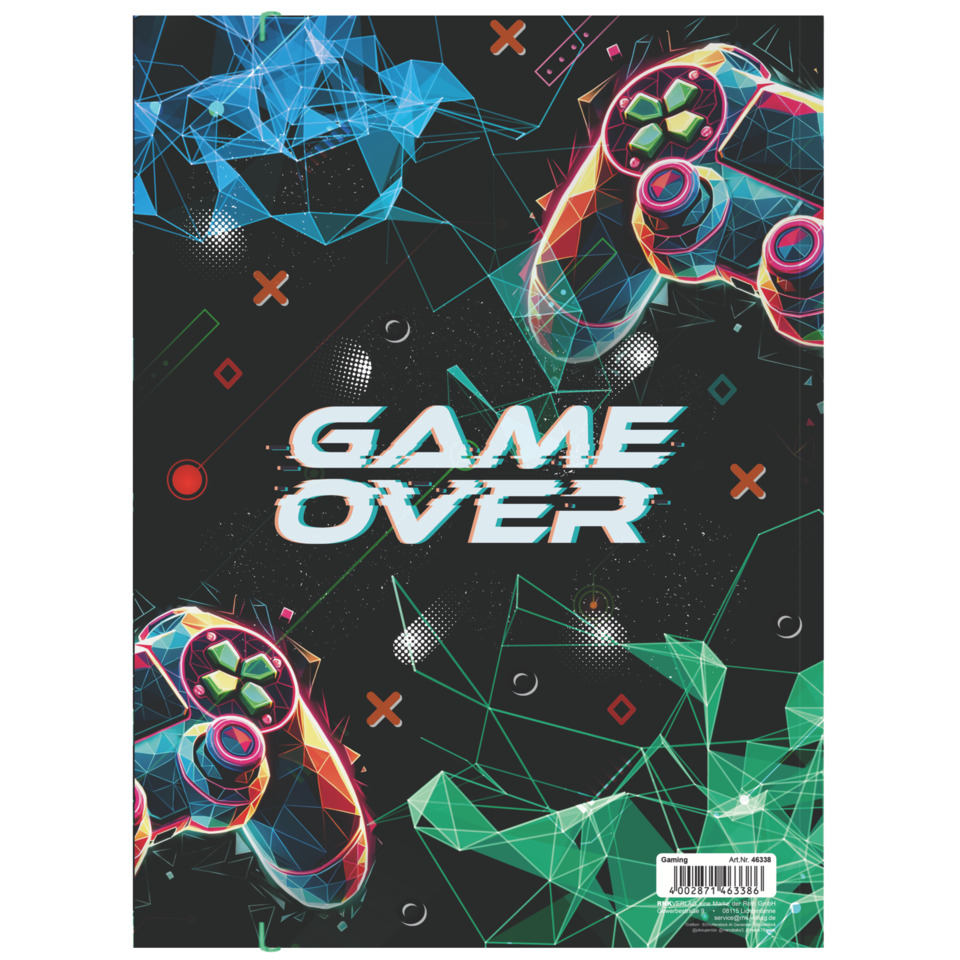 gaming poster, game over, controller graphic, neon colors, abstract geometric