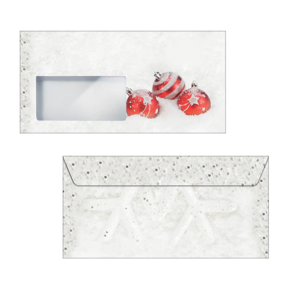 weihnachtsumschlag, weihnachtsbriefumschlag, rote kugeln, kugel-dekoration, schneeoptik