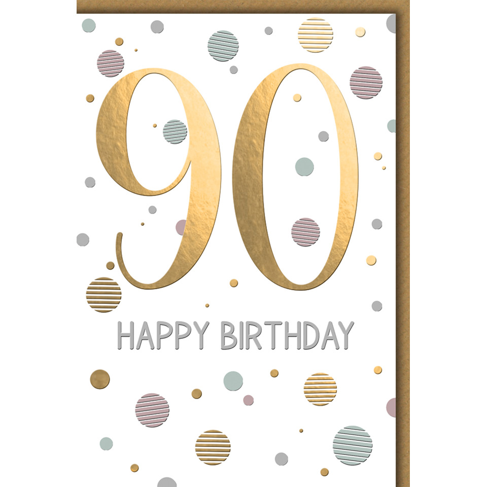 90. Geburtstag, goldene Ziffer, Geburtstagskarte, Folienakzente,  Konfetti Punkte