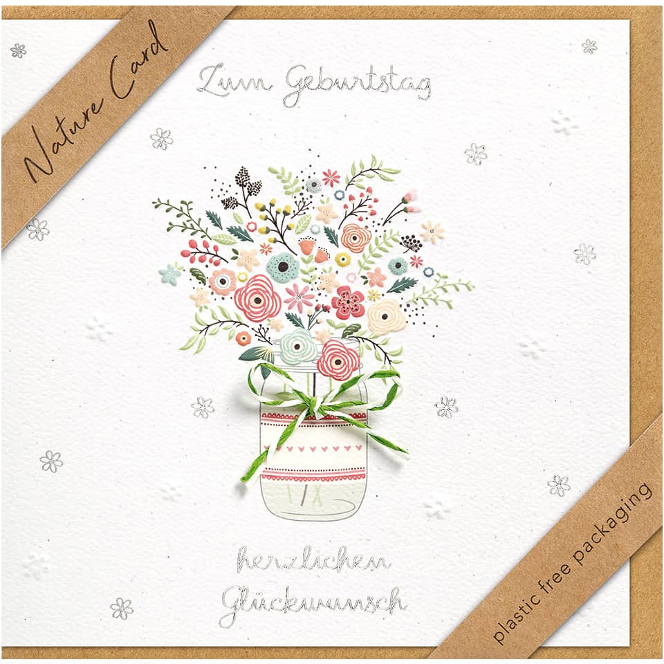 Blumenstrauß, Vasenarrangement, bunte Blüten, Karte, Naturkarton