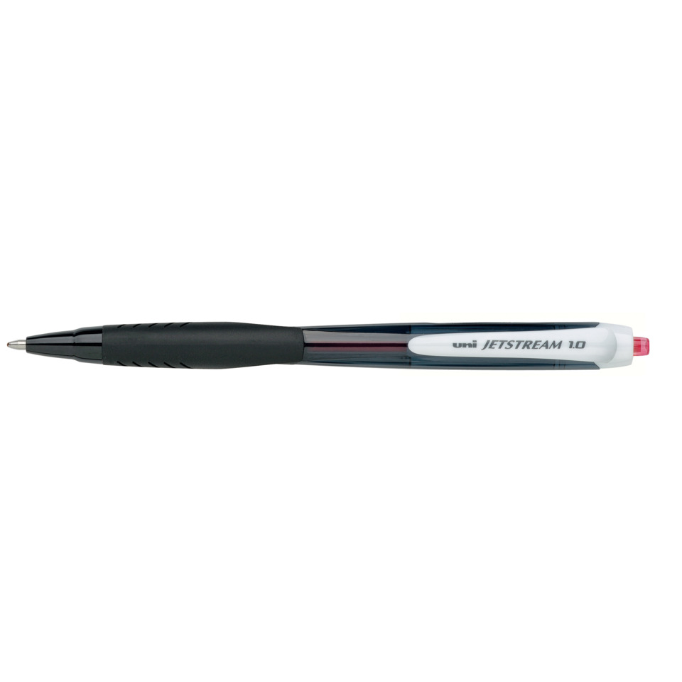 Kugelschreiber, schwarzer Griff, weißer Körper, roter Deckel, Uni Jetstream 1.0
