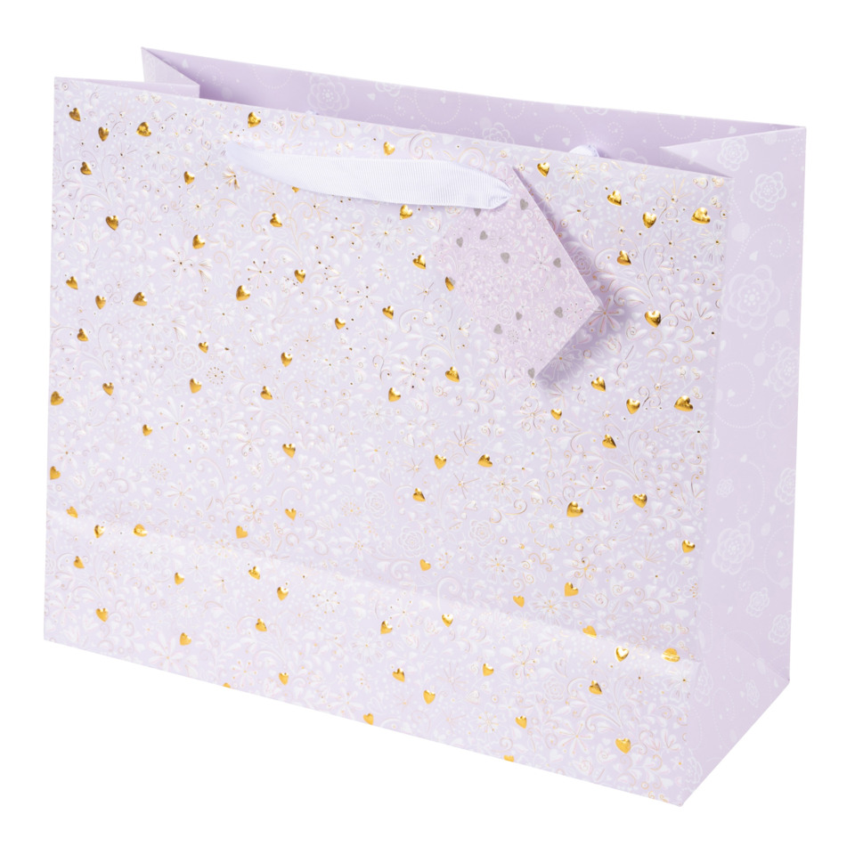 Geschenktüte, Papiertragetasche, lila Muster, Herzchen, Goldakzente