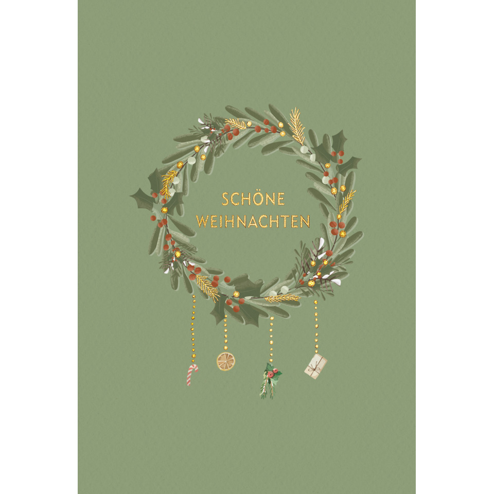 weihnachtskarte, kranz, grün, gold, anhänger
