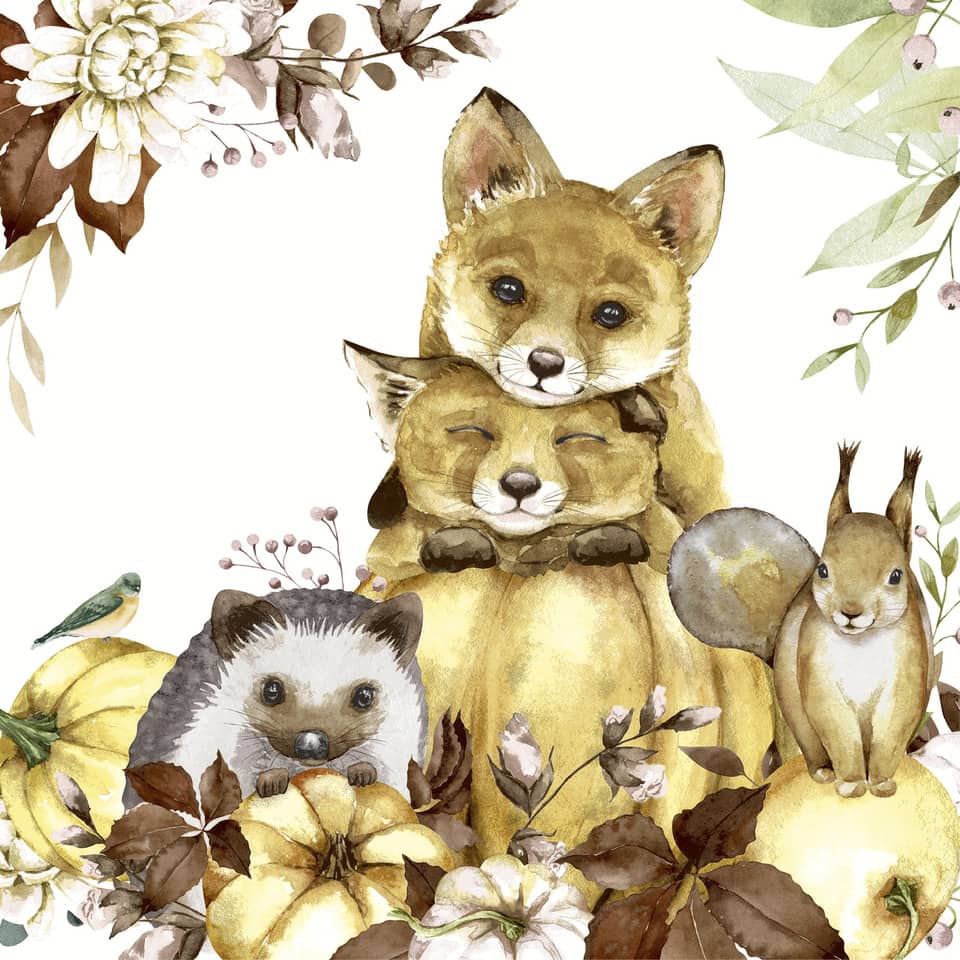 dierenillustration, dieren, pompoenen, herfst, bloemen