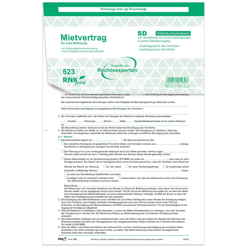 Mietvertrag, Wohnung, Vertrag, RBNK Verlag, Selbsttestschriftlich