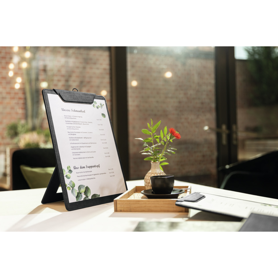 Tablet-Halterung, Speisekarten-Display, Kunstleder-Schutzhülle, Tisch-Setup, Blumen-Dekor