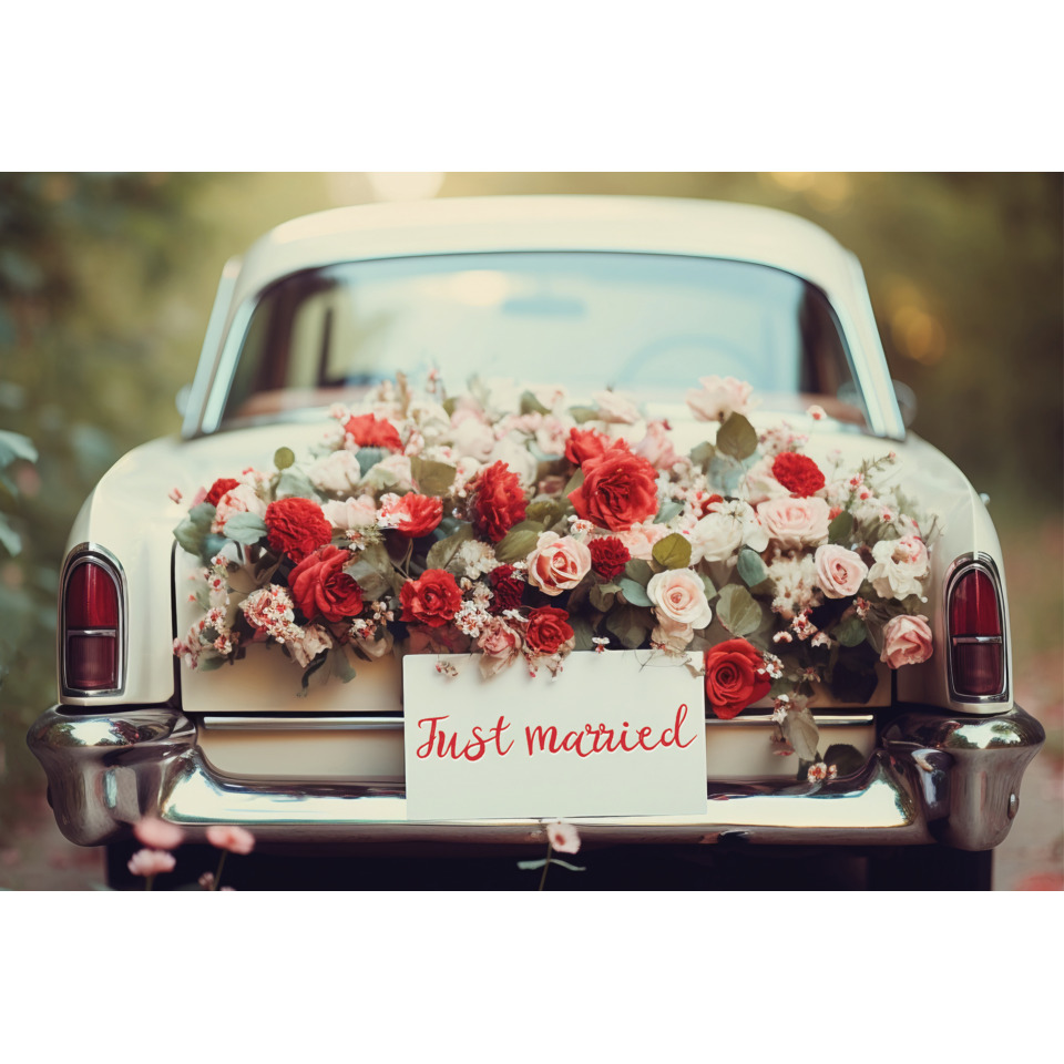 Blumenstrauß, Hochzeitsauto, Autokorso, Romantik, Just married