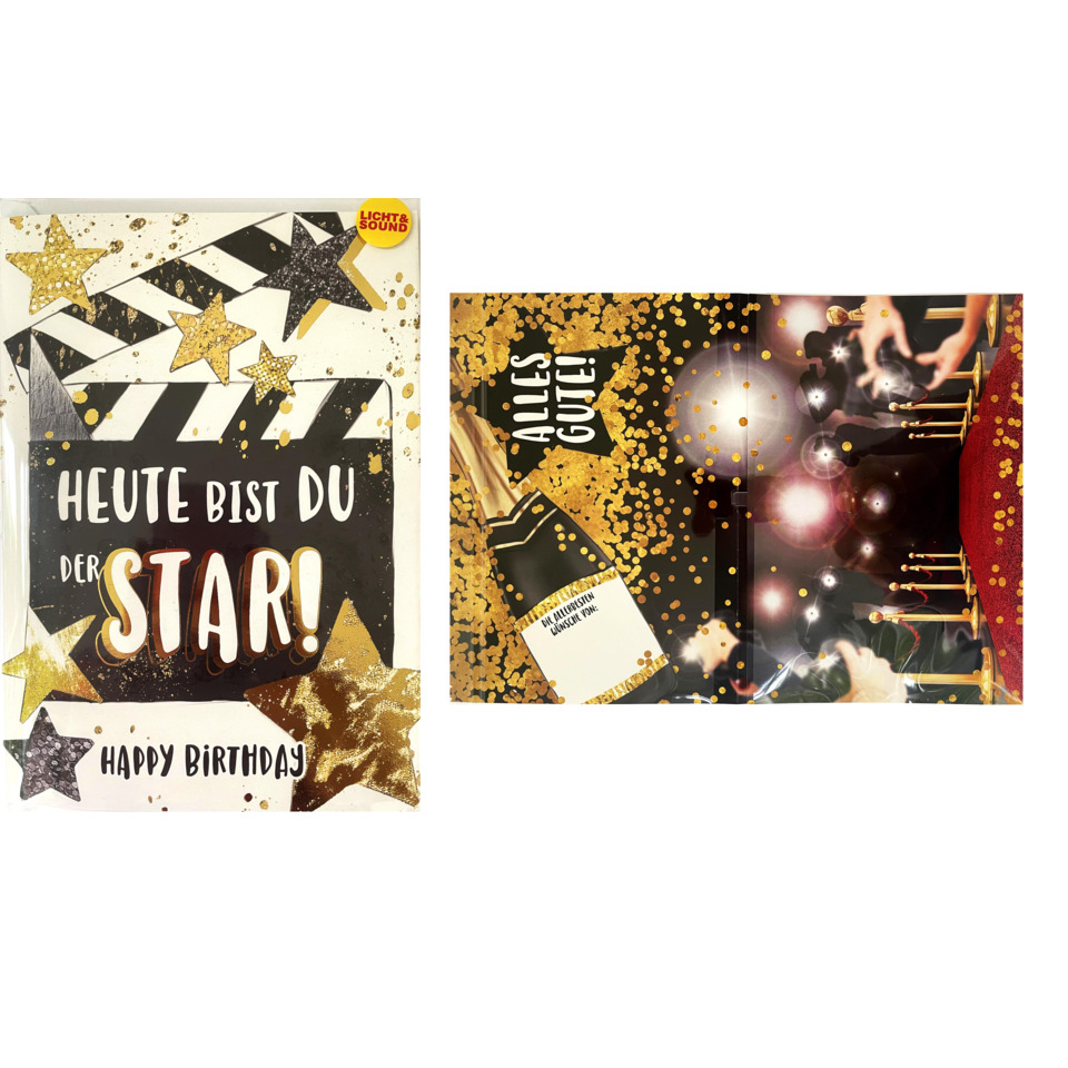 Geburtstagskarte, Star-Motiv, Goldglitter, Konfetti, Clapperboard-Design
