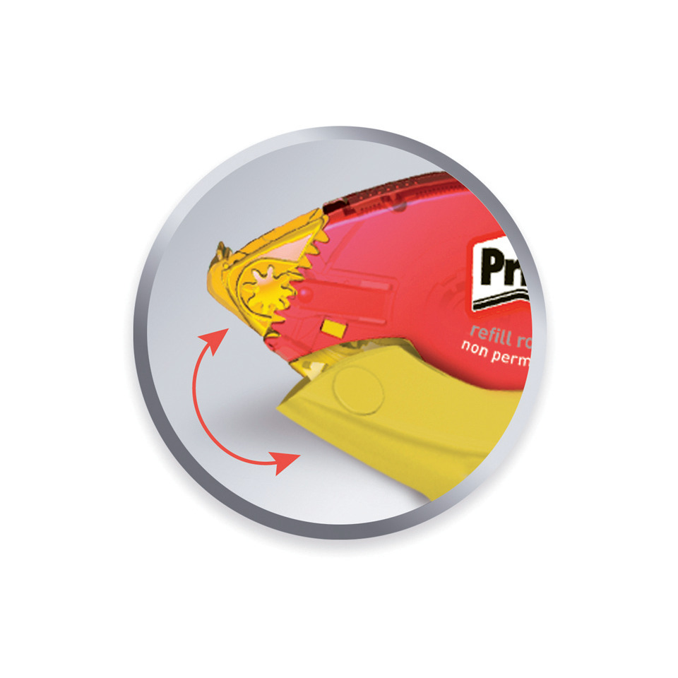 Tape dispenser, Rechargeable tape, red plastic, yellow blade, round badge