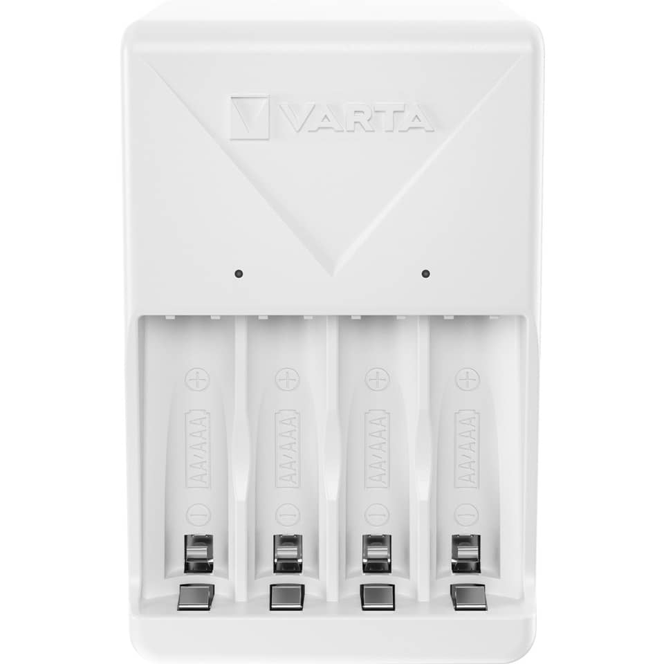 4xAA ladestation, Ladestation, AA-Batterien, weiße Ladestation, VARTA-ähnlich (Marke sichtbar)