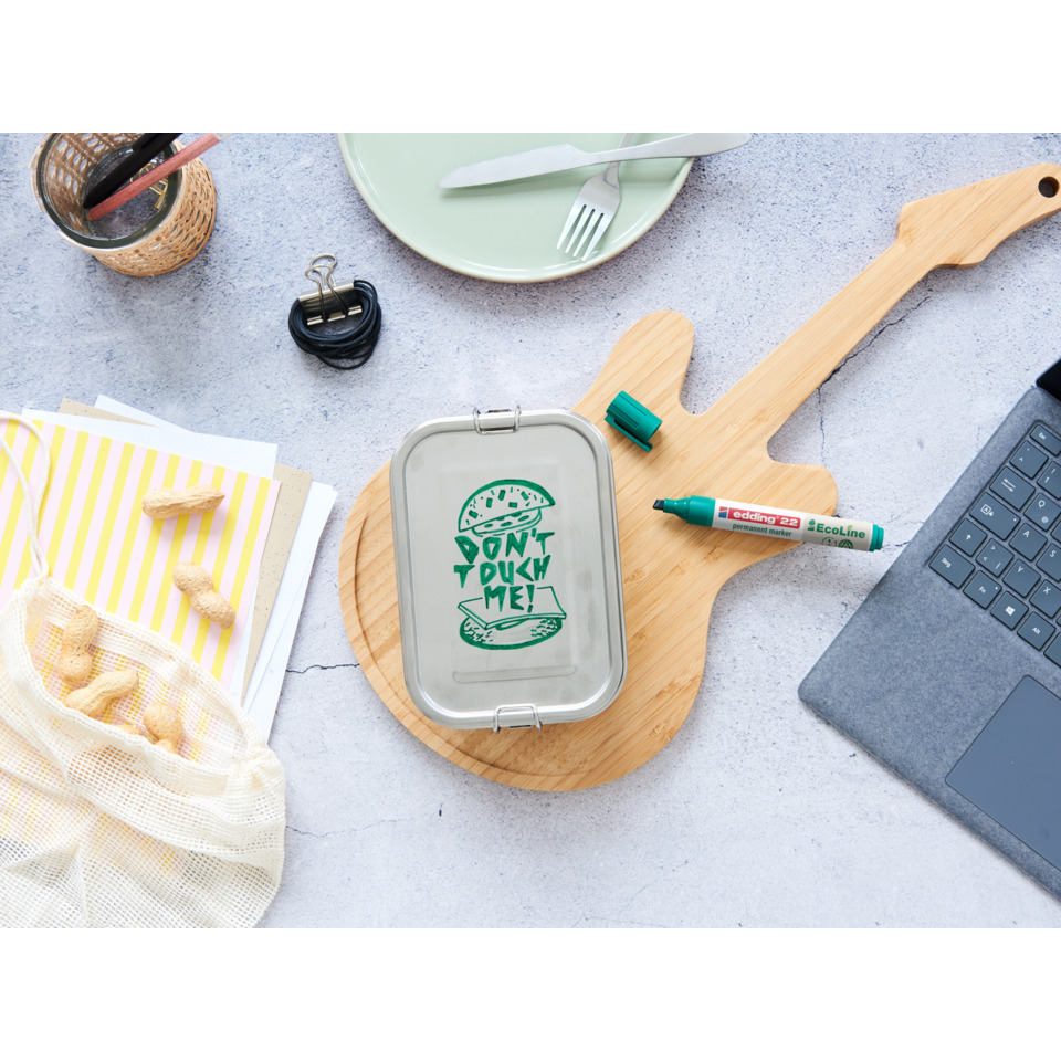Food-Box, Lunch-Box, Grüner Marker, Holzbrett, Laptop