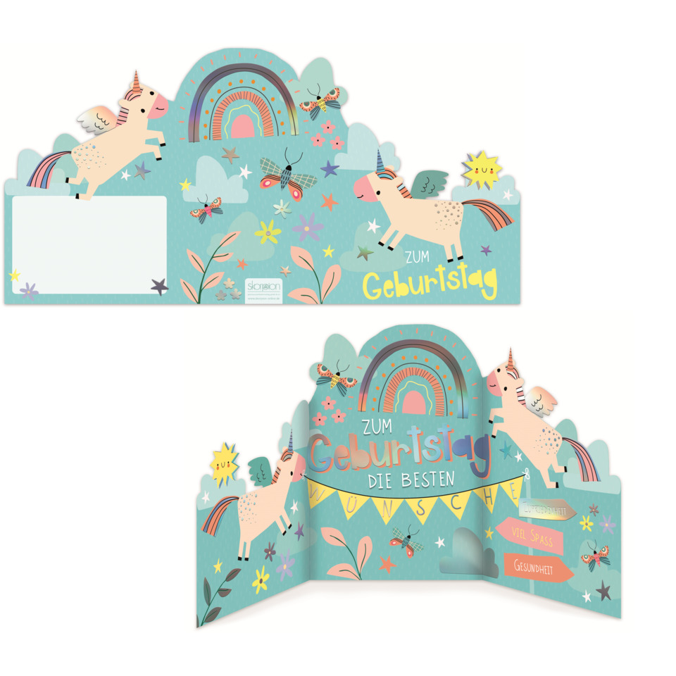 geburtstag, kartenpop-up, unicorn, regenbogen, deko