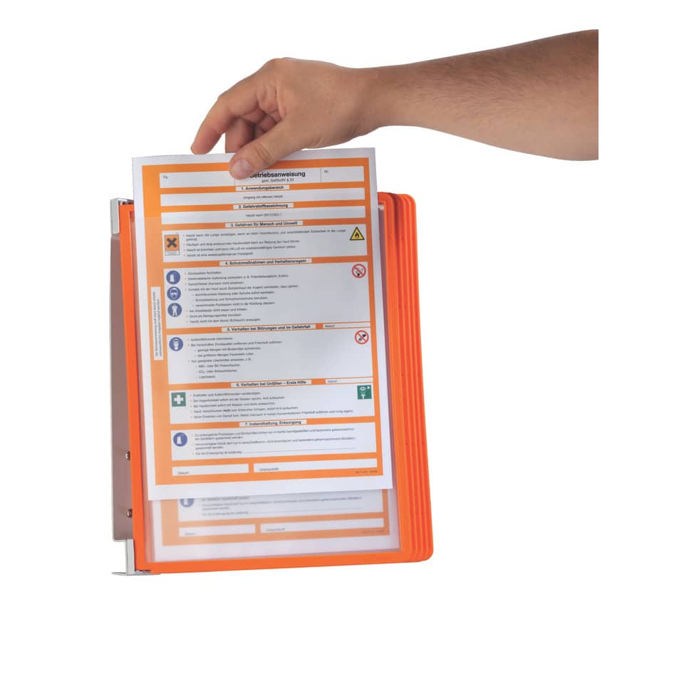 Notfallmappe, orangefarbener Fall, Hand mit Blatt, Gebrauchsanweisung, Befestigung, Ordner