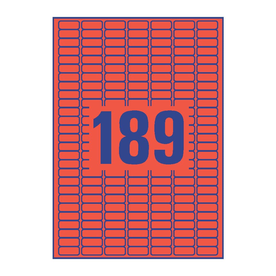large numeric label, red card, blue border, rectangular, staples pattern