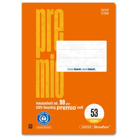 Vokabelheft Oktavheft Premio, DIN A6, 7mm liniert mit Mittelstrich, LIN53, 32 Blatt STAUFEN PREMIO 040789053