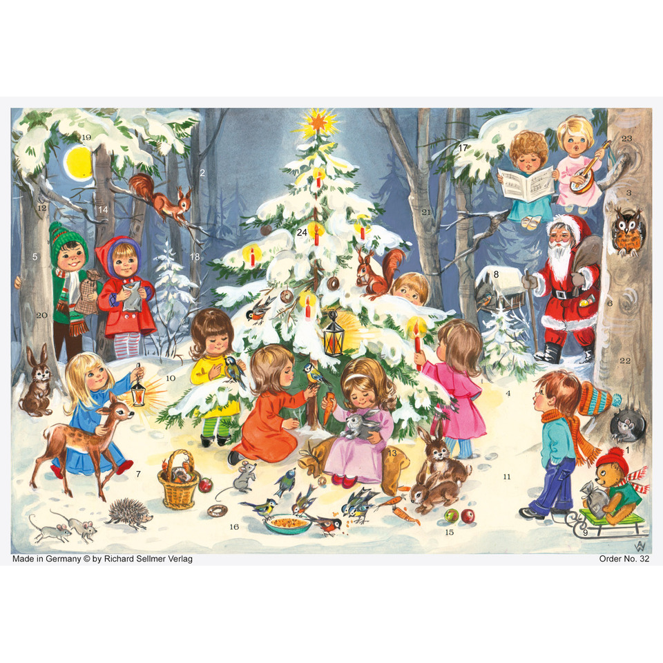 Weihnachtsbaum, Kinderpiel im Schnee, Schlittenfreude, Tiere im Schnee, Weihnachtsmann-Szene