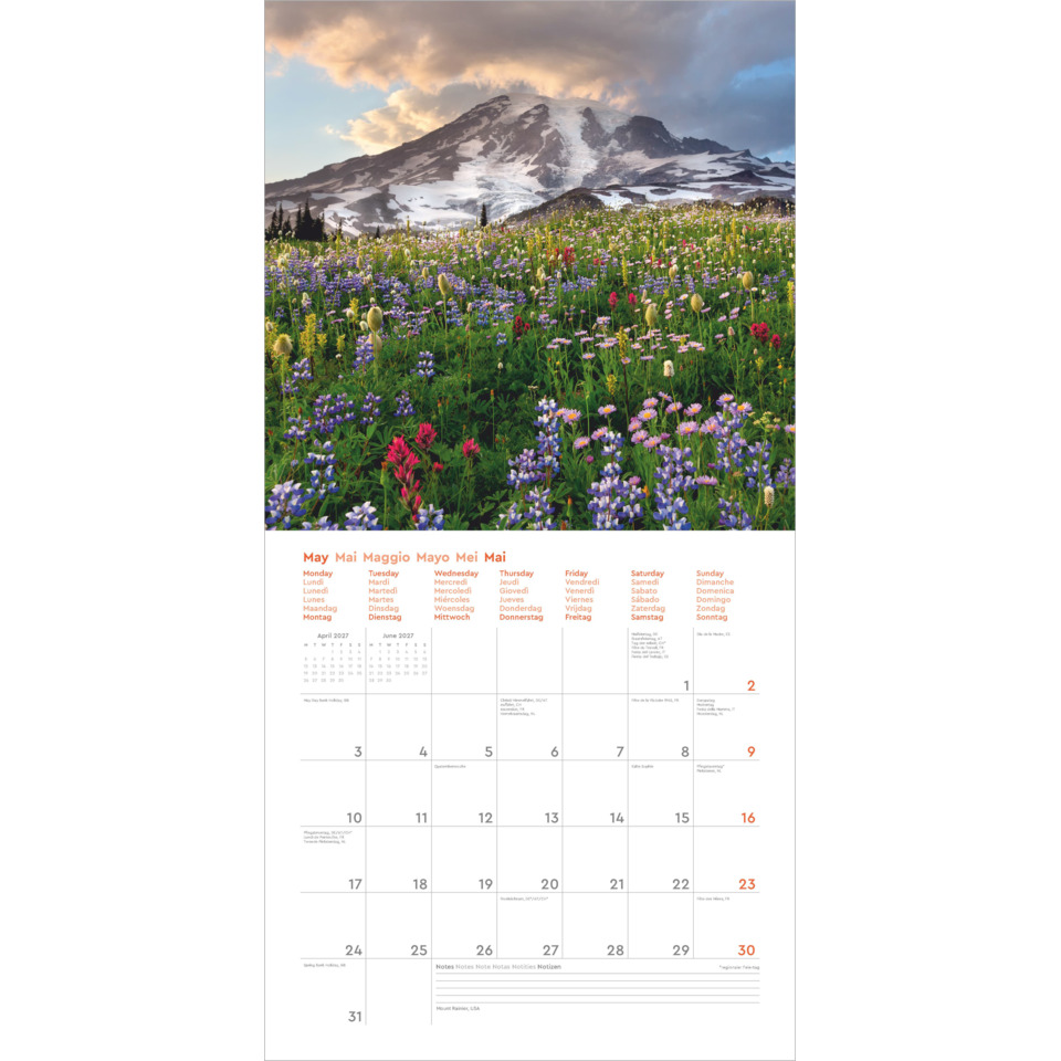 kalender, wandkalender, berg, wildblumen, landschaft