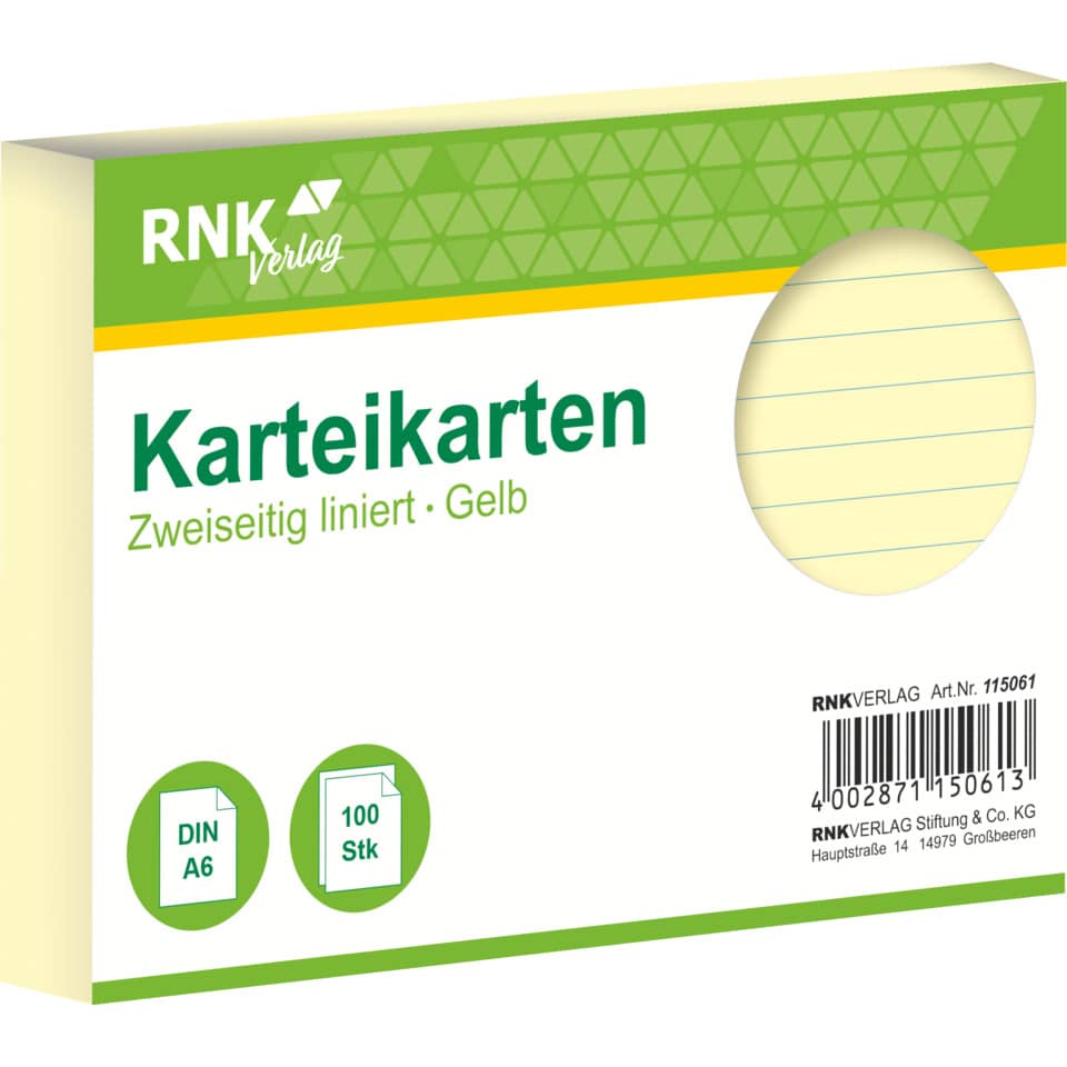 Karteikarten, Notizkarten, DIN A6, gelb, linierte