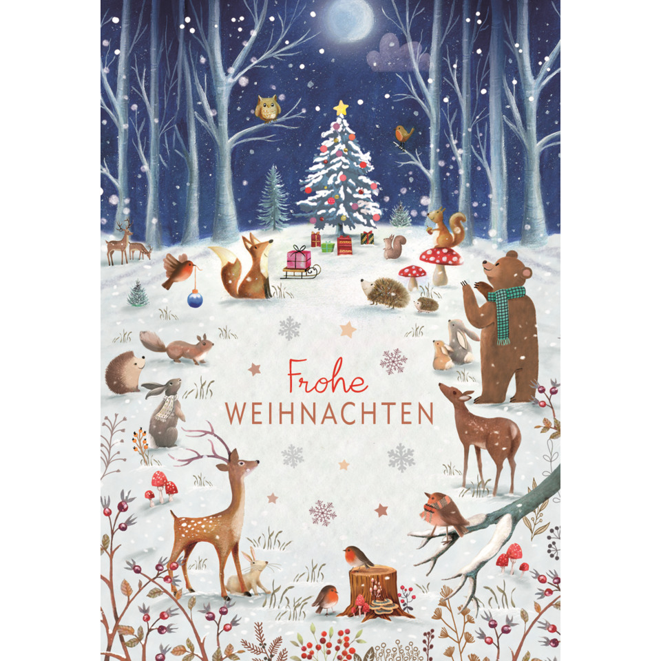 weihnachtskarte, winterwald, tiermotiv, festtagsmotiv, frohe-weihnachten