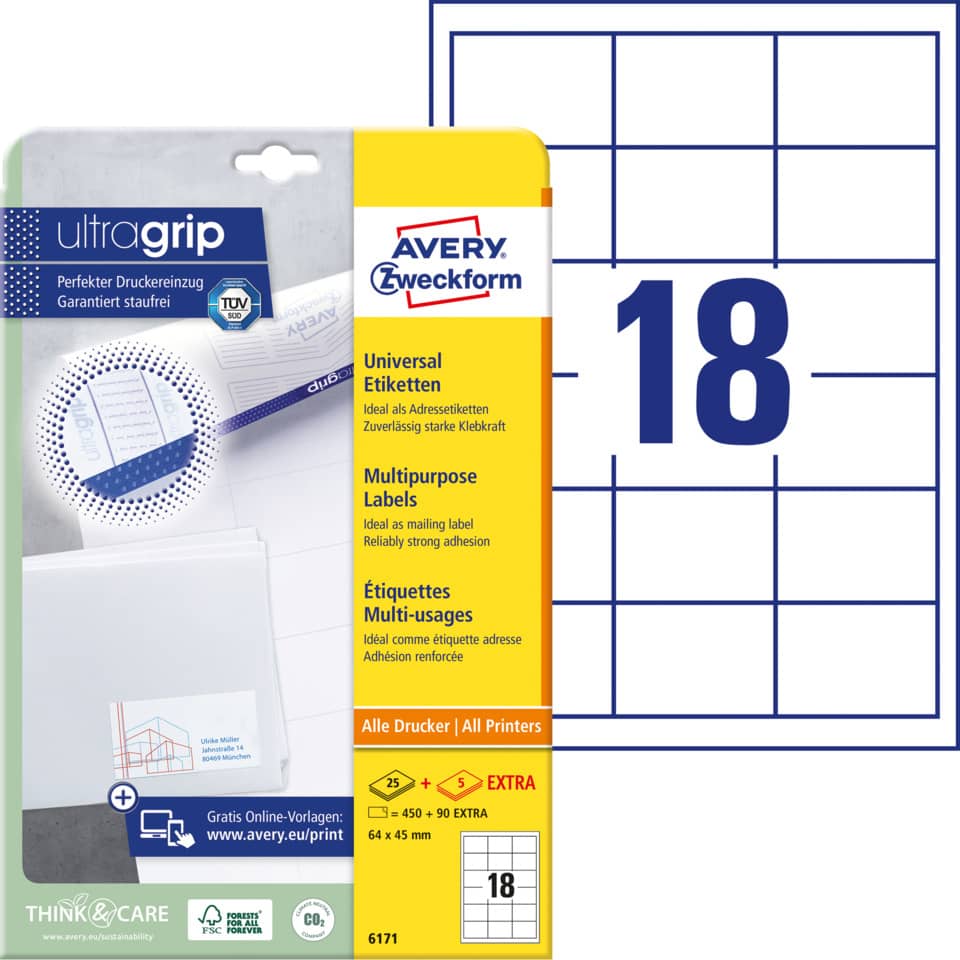 etiketten, multi-usage, label, 18 grid, Avery Zweckform