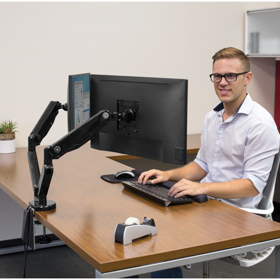 Schreibtisch, Büro, Monitor, Computer, Tastatur, ergonomischer arbeitsplatz, duales monitor-setup, computertisch-arbeitsplatz, büro-stuhl, desktop-computer