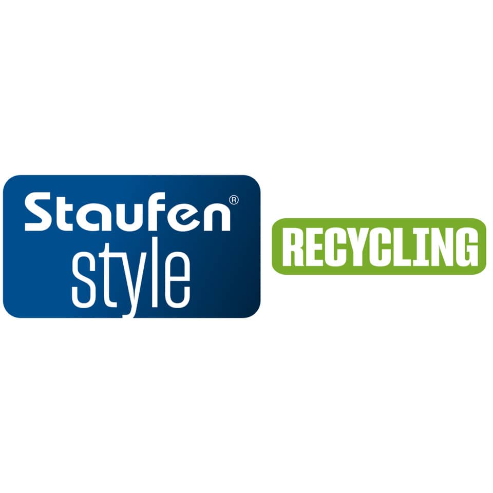 recycling, logo, Staufen style, blue rectangle, green label