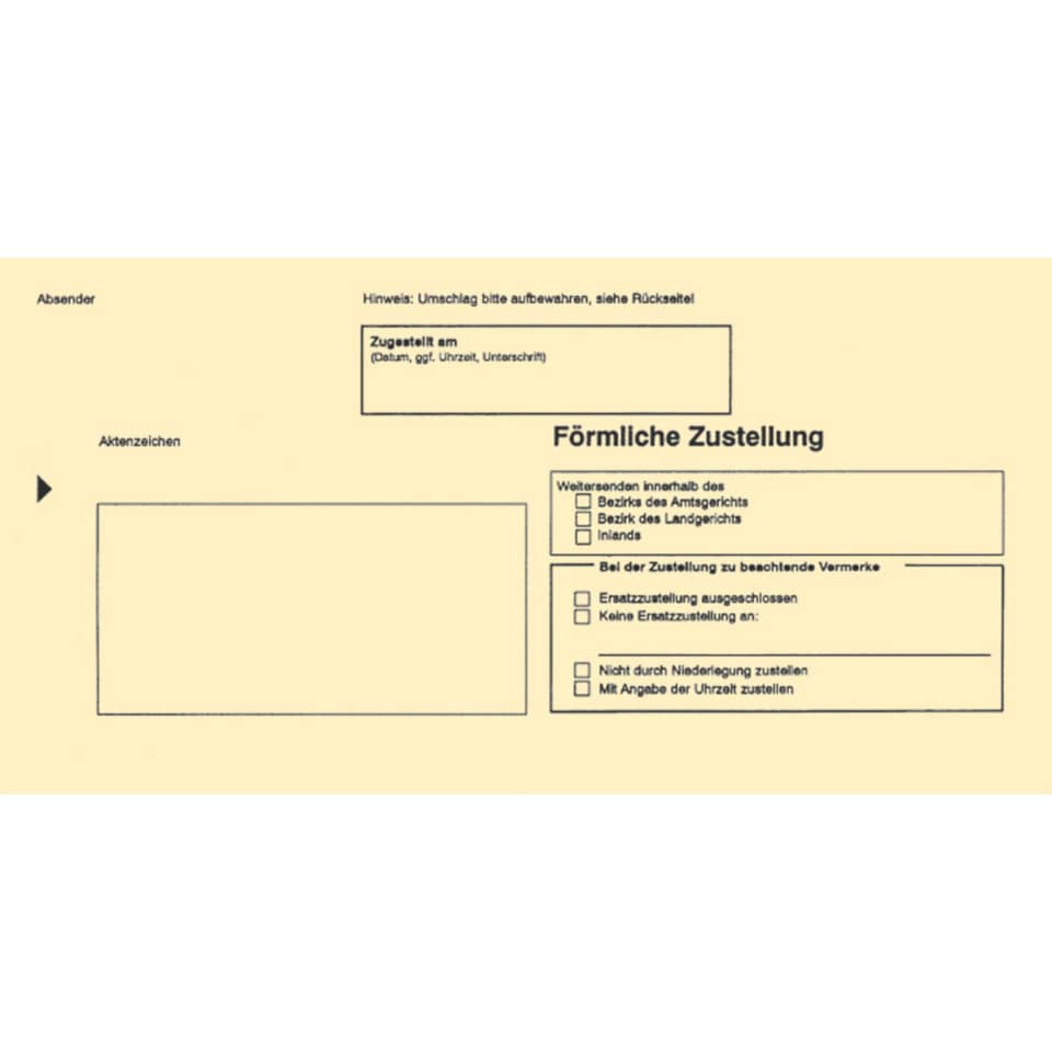 Zustellung, Formular, Belegmuster, Aktenzeichen, Umschlag