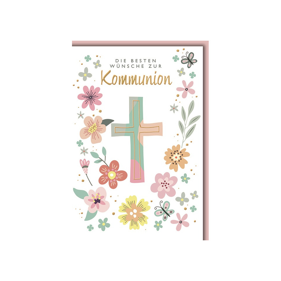 Kommunionkarte, Kartenmotiv, Blumenmuster, Kreuz, Papierkarte