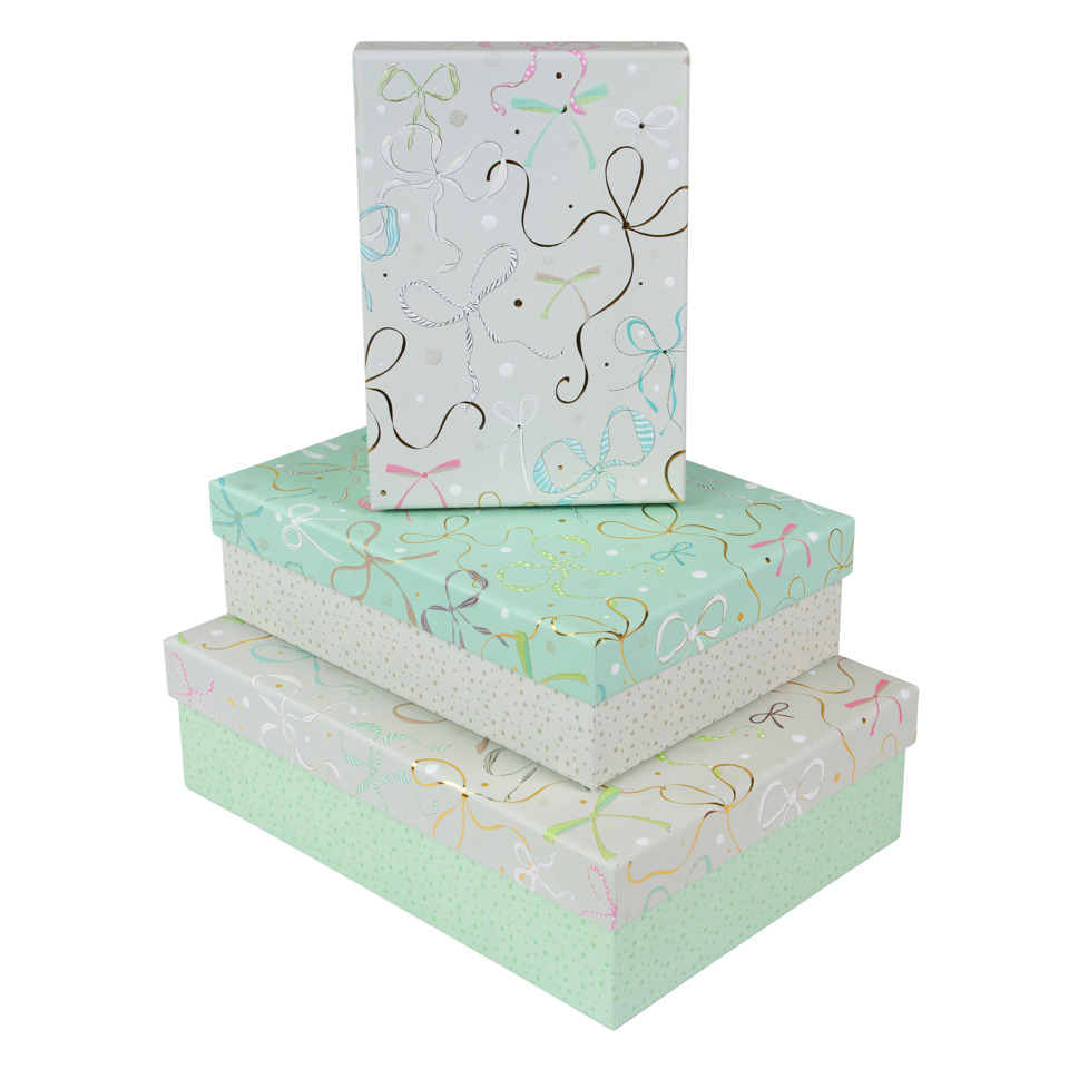 Geschenkverpackung, Boxen-Set, Muster: Schleifen, Pastellfarben, Schachtel-Größen
