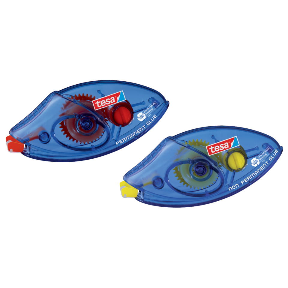 Tesa Klebebandabroller, Klebestift, 透明 blau, gelbes Zahnrad, wiederverwendbares Klebeband
