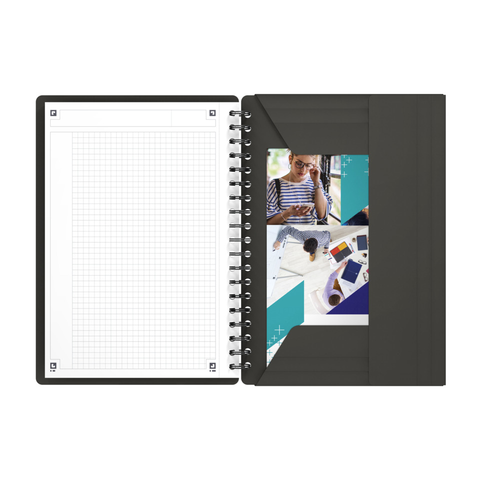 notebook, spiral bound, grid pages, pocket folder, colored inserts