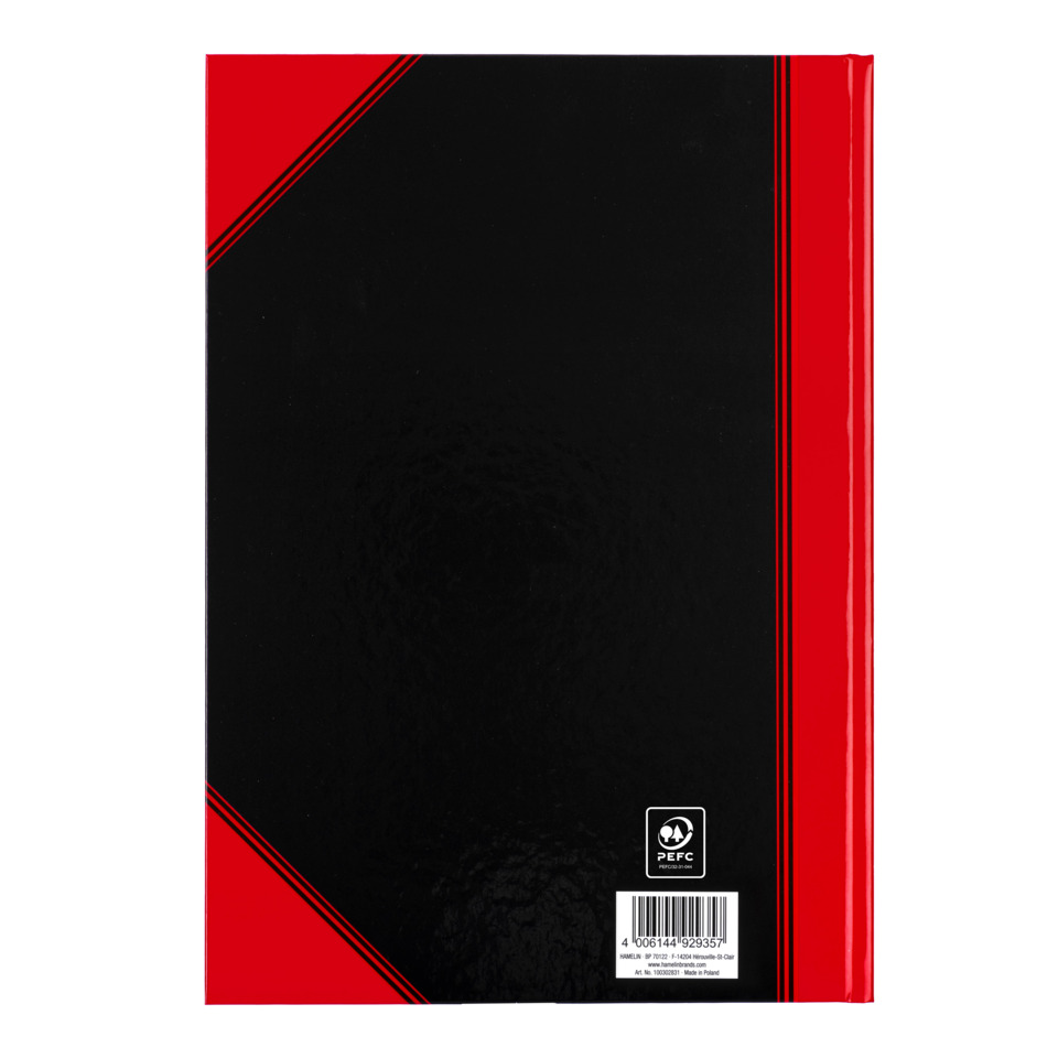 black cover, red border, diagonal stripes, paper notebook, back cover barcode