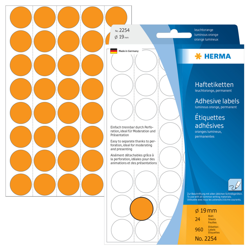 orange stickers, adhesive labels, round stickers, perforated sheets, diameter 19 mm