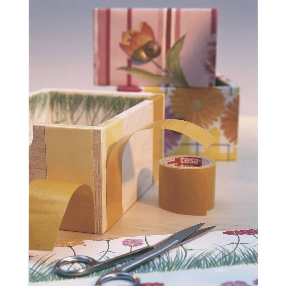 Holzkasten, Geschenkbox, Dekorband, Schere, Dekorpapier