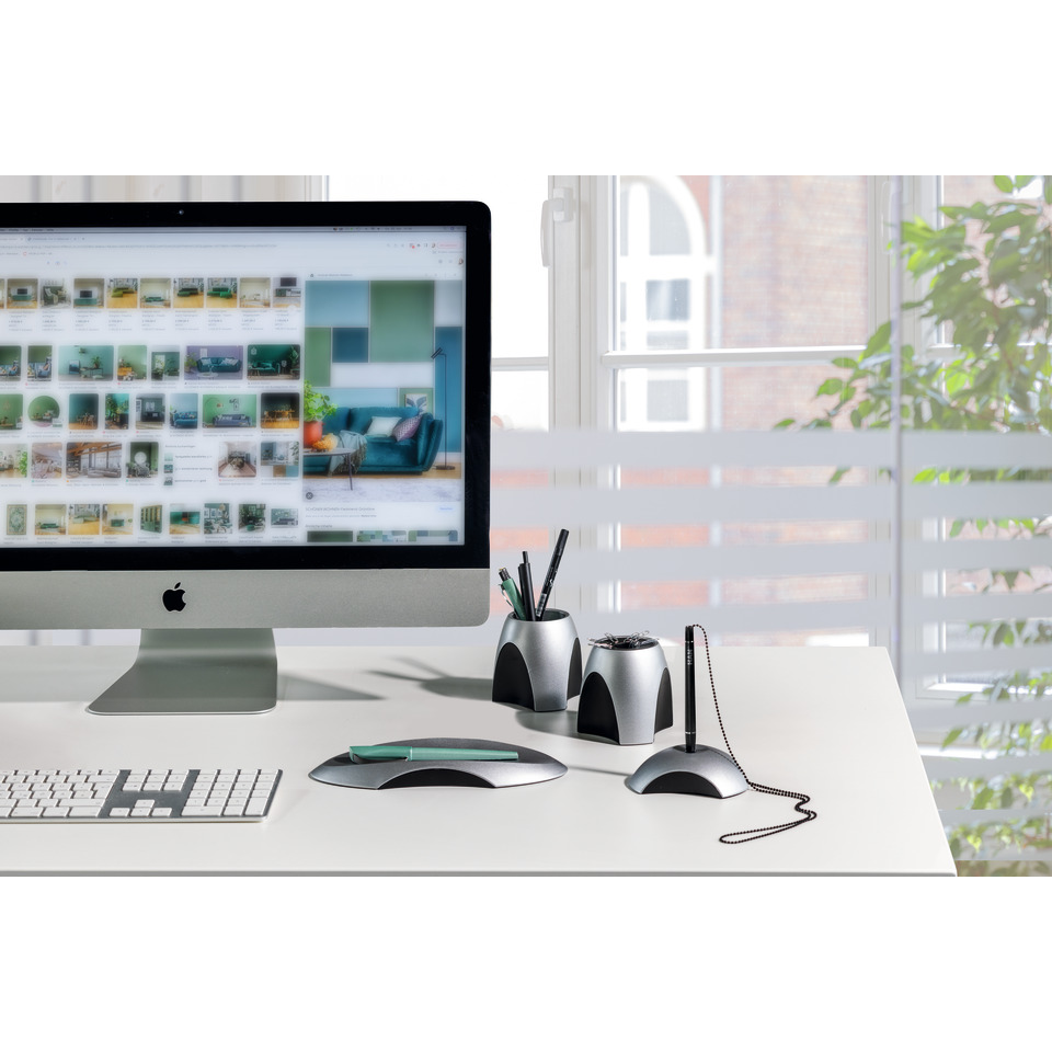 imac, computer, desk, office setup, pencil holder
