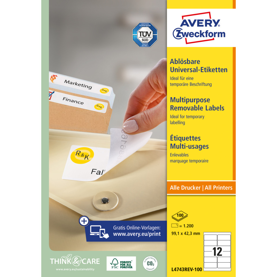 Beschriftung, Entfernbare Etiketten, Mehrzweck, Druckerzubehör, Avery