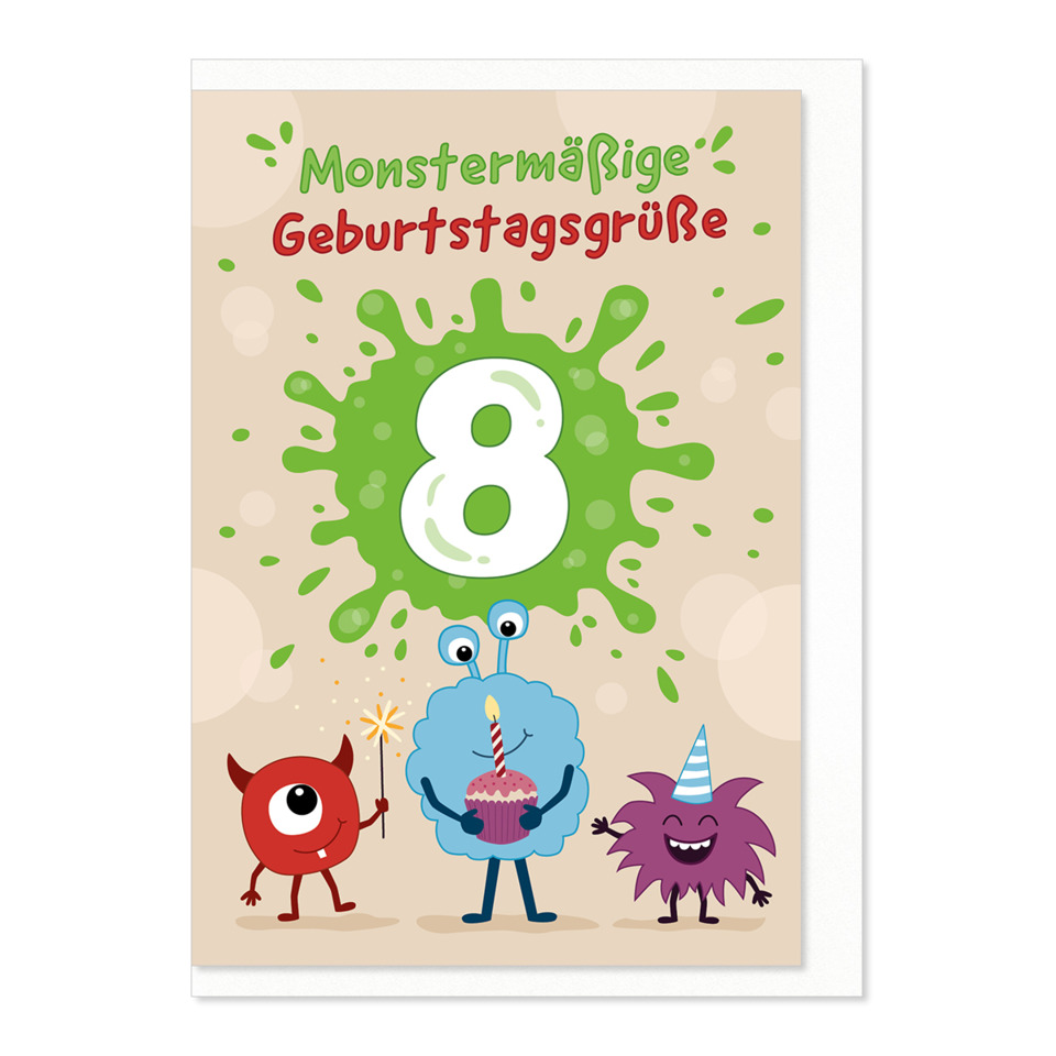 Geburtstagskarte, Grüße, Monster, Kuchen, 8 Jahre