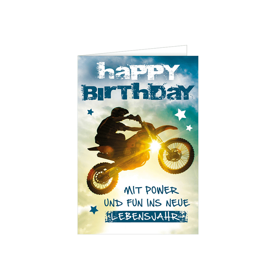 Motorrad, Motocross, Geburtstagskarte, Sonnenlicht, Sprung]]}```{