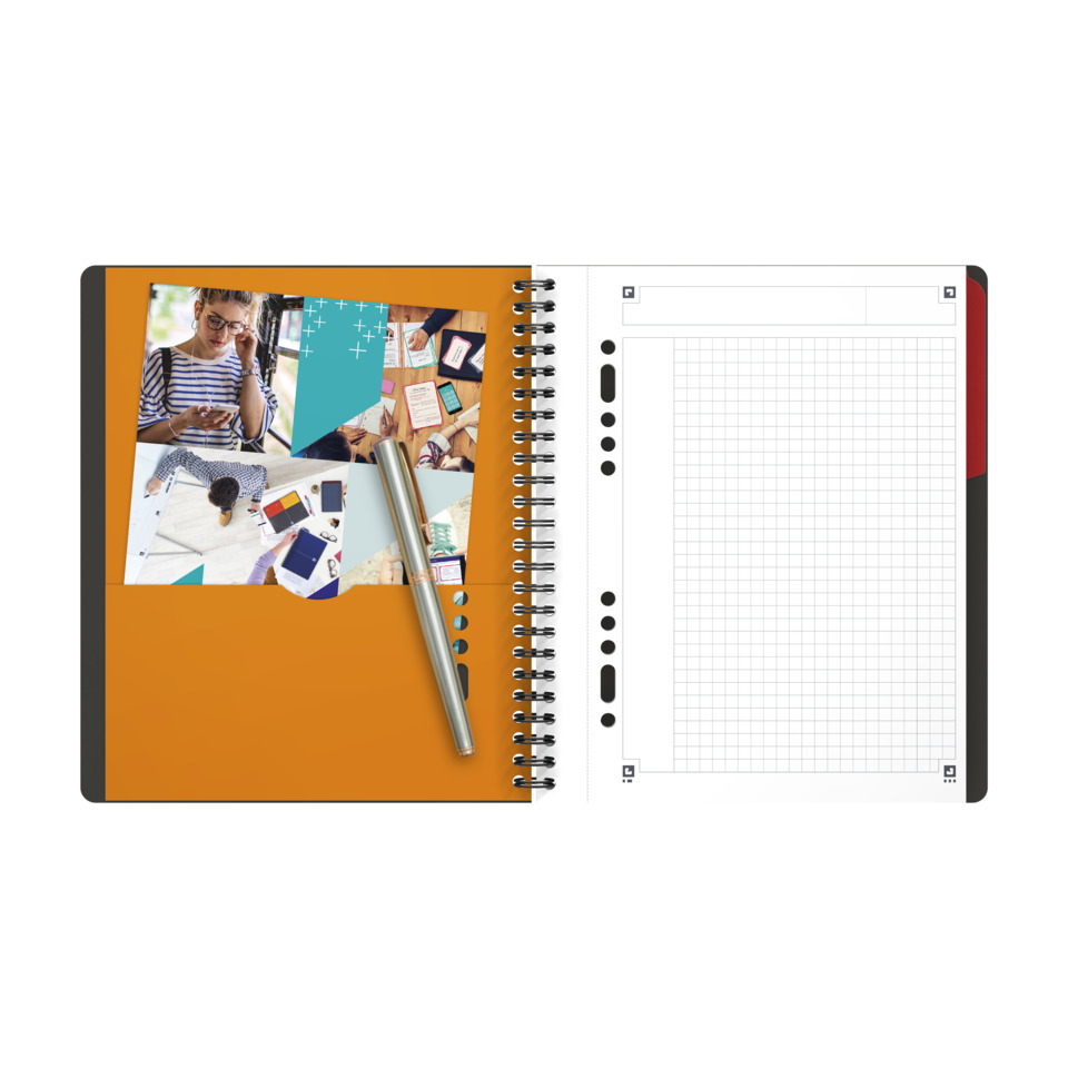 notebook, orange cover, Spiralhefter, Kugelschreiber, gitterseiten