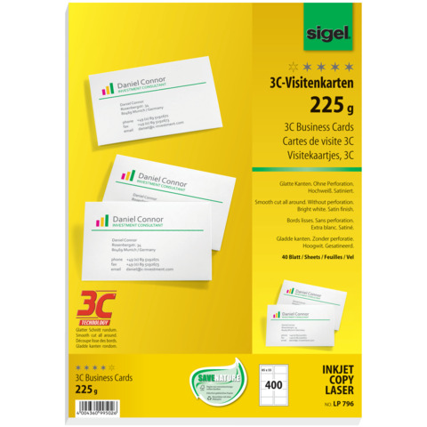 Visitenkarten 3C, A4, 225g/m², 400 Stück, blanko, weiß SIGEL LP796