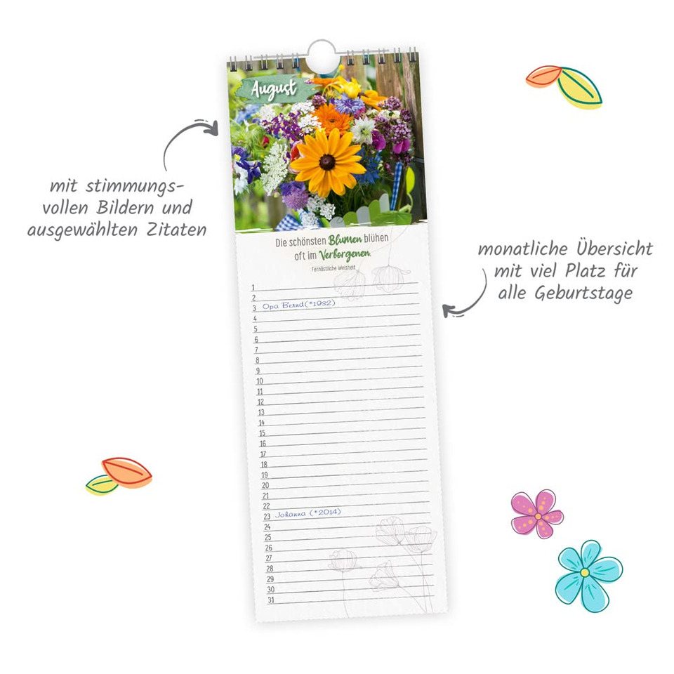 Kalender, Monatskalender, Bunte Blumen, Fotodruck, Notizliste