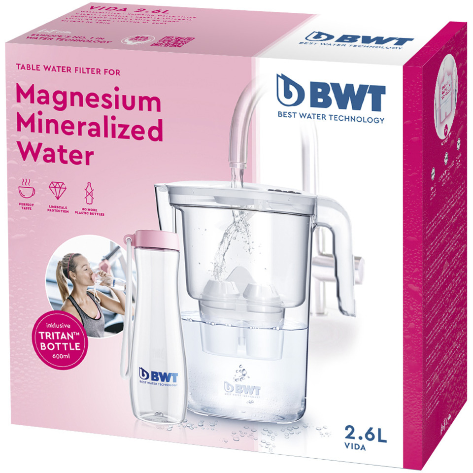 Magnesium Mineralized Water, Table Water Filter, Karaffe, 2.6 L, PINK box