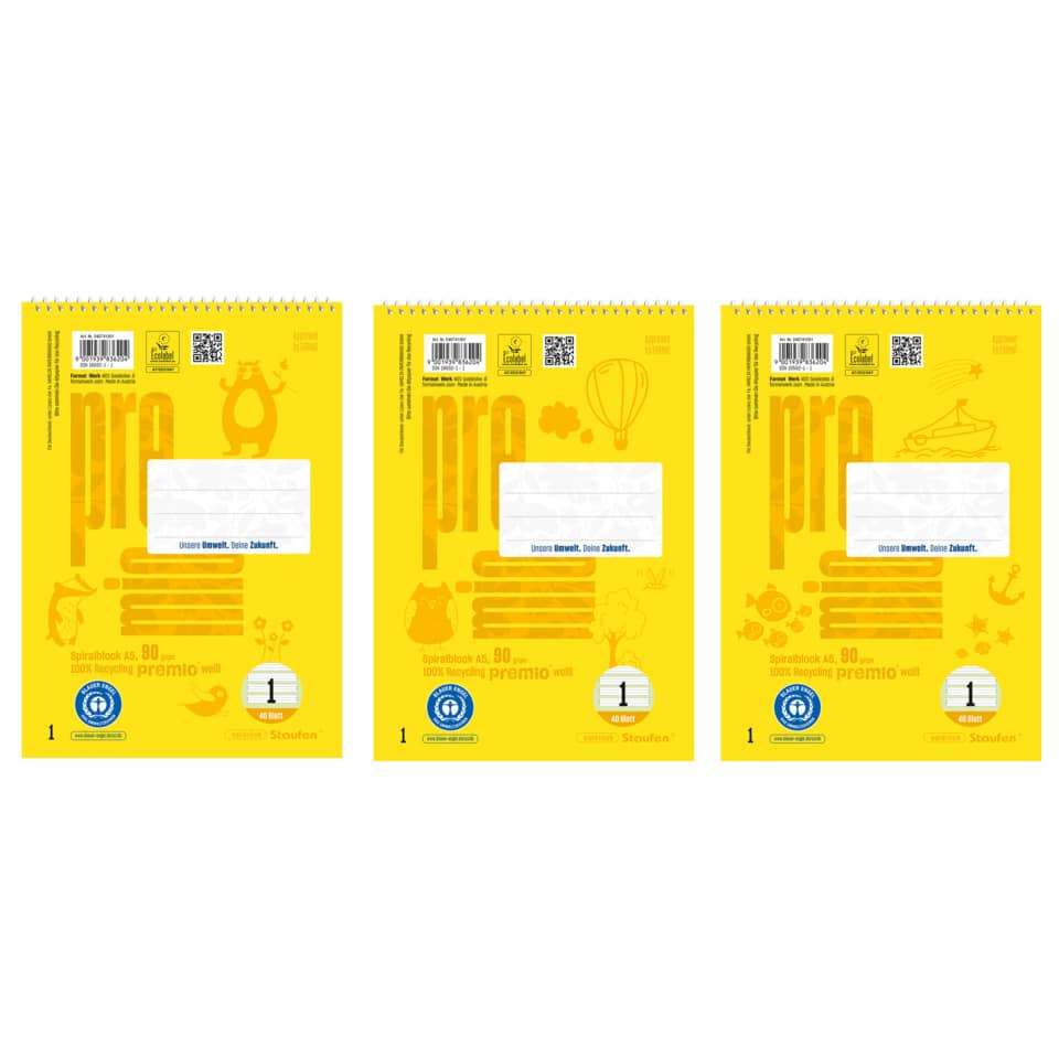 Notizbuch, Spiralheft, gelbes Deckblatt, Schreibwaren, Dreierpack