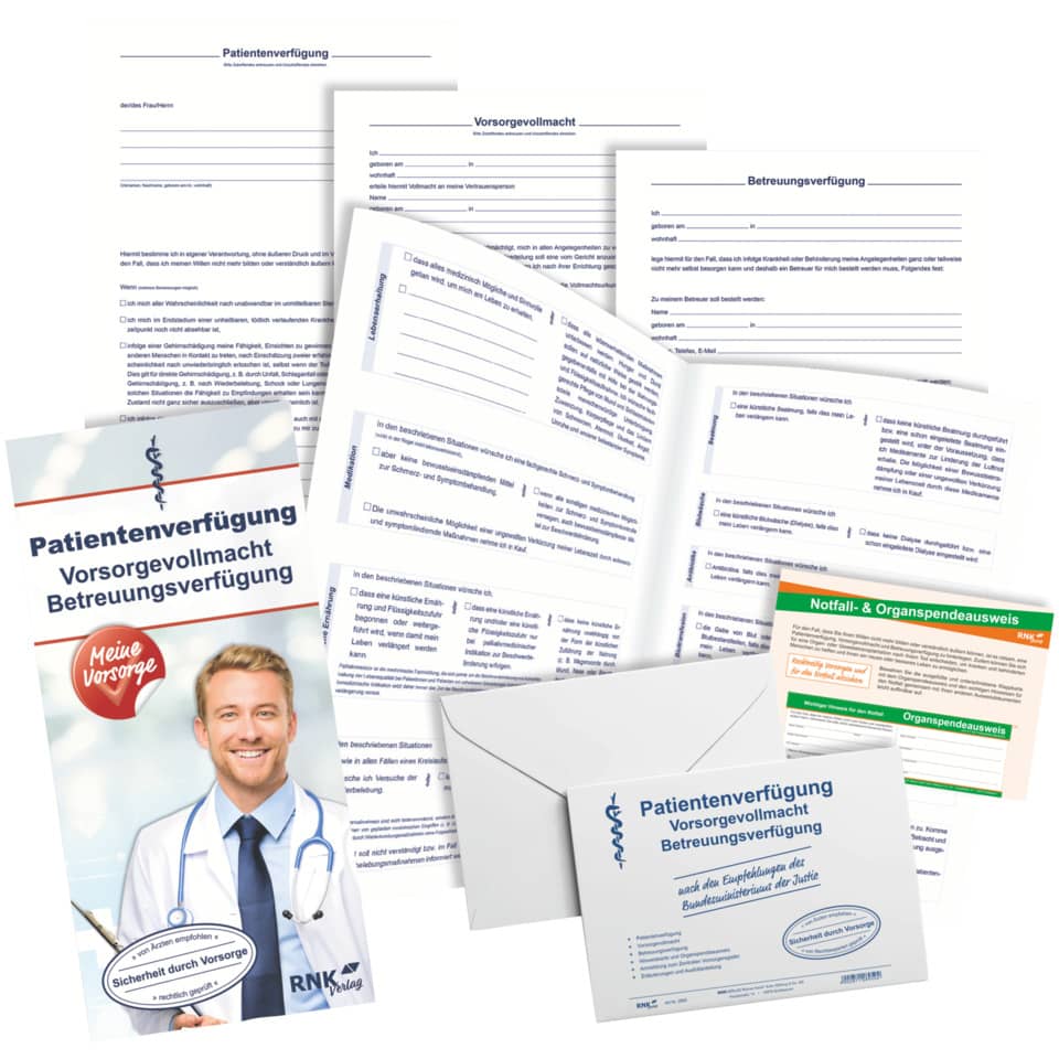 Patientenverfügung, Vorsorgevollmacht, Betreuungsverfügung, Notfall-Organspendesausweis, Dokumentenset