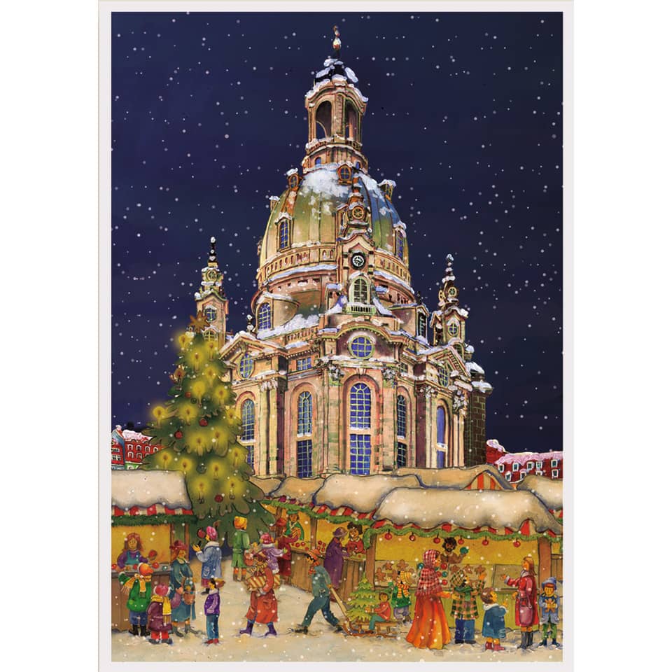 Weihnachtsmarkt, Kirche, Schnee, Tannenschmuck, Winter