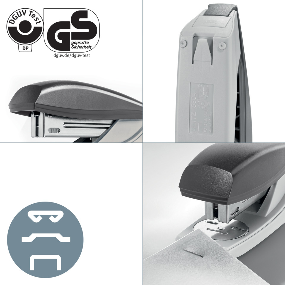 Lochstanzer, Stapelstapler, Blaue Haube, Schwarz/Chrom, Heftklammergerät, Schneid-Büroklammer, Heftgerät, Stanzgerät, Schloss?, Nylon?