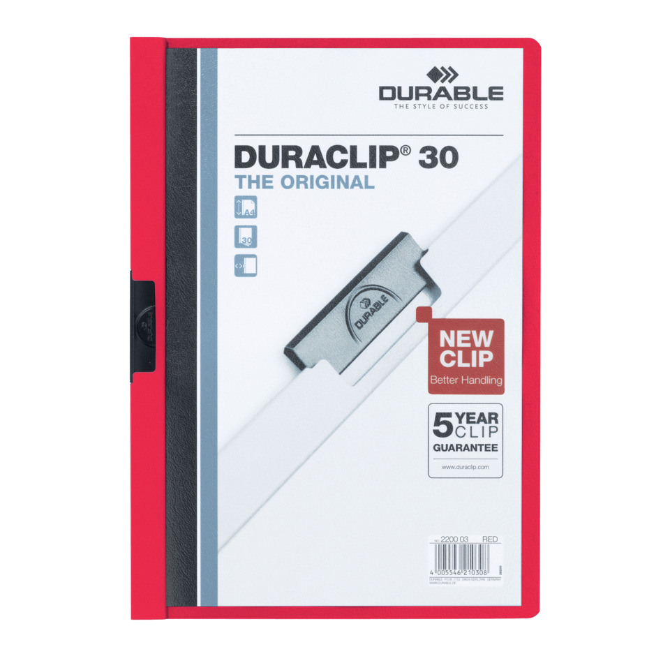Klemm-Mappe DURACLIP® Original 30, Hartfolie, bis 30 Blatt, transparent/rot DURABLE 2200 03