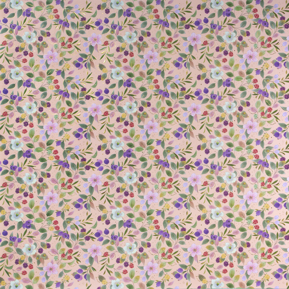 Vintage-Blumenmuster, rosa Hintergrund, Blumen, Grün Blätter, lila Blüten