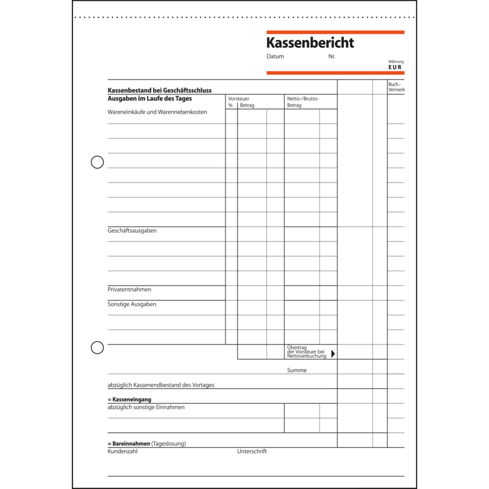 Kassenbericht, Kassenbeleg, Kassenformular, Quittung, Beleg