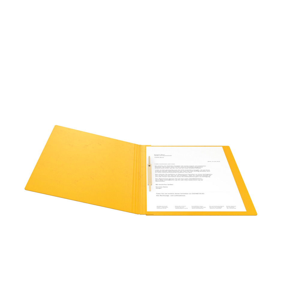 gelber Ordner, Präsentationsordner, Ringsordner, offener Ordner, Papier im Binder